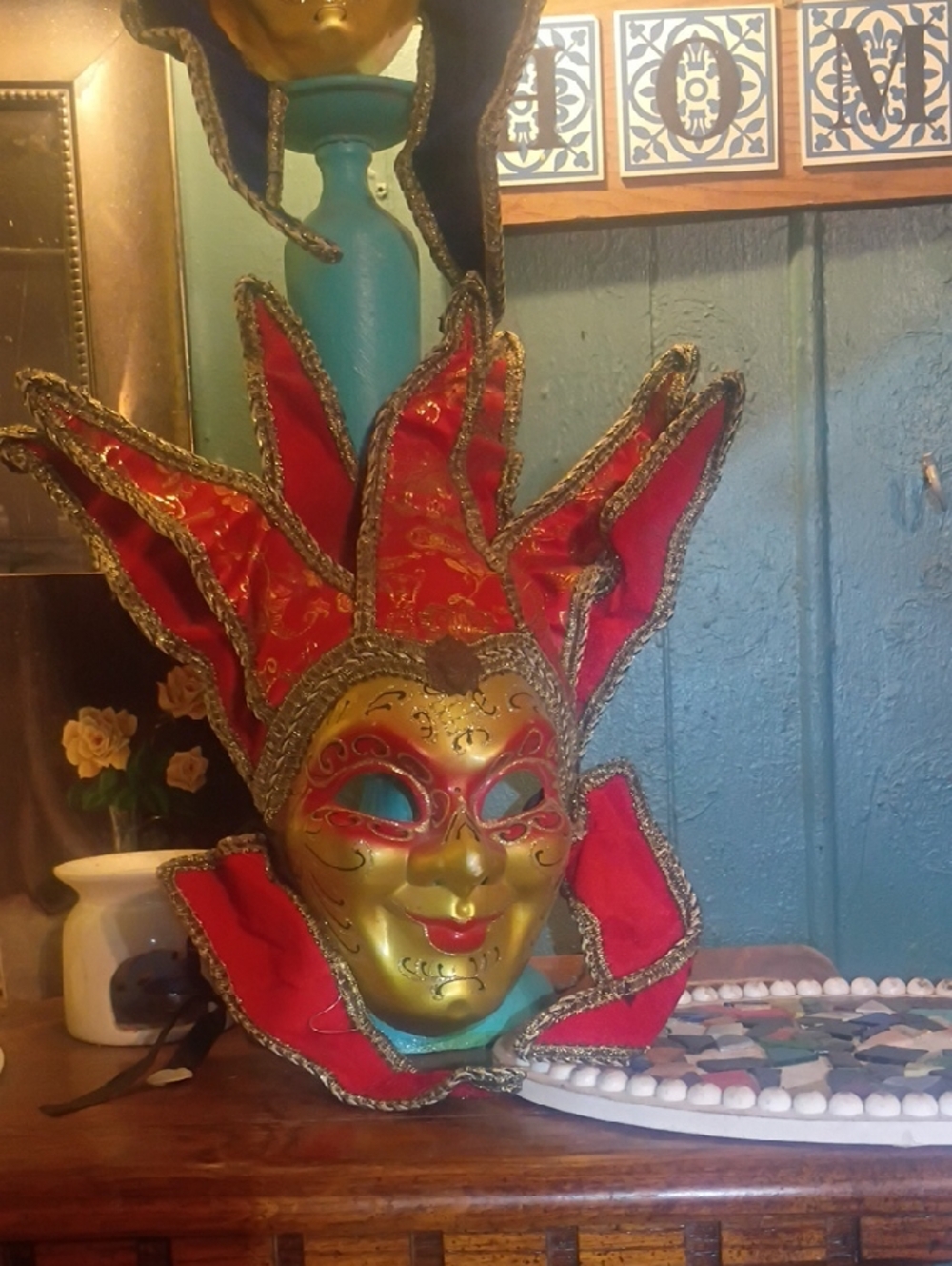 Venetian Jester Mask with Red and Gold Accents